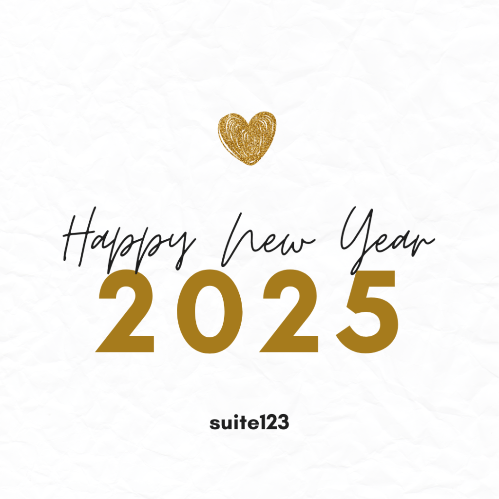 graphic image with white crumbled paper background and text that says 'Happy new year 2025 - suite123' in gold and black, plus a gold heat on top.
