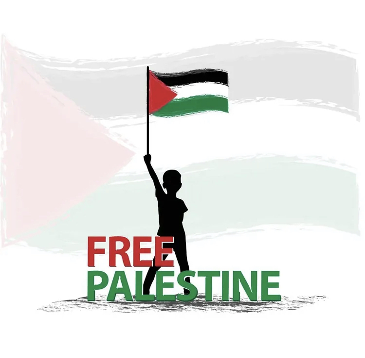 It's genocide in gaza. Child’s black silhouette waves a vibrant Palestinian flag, colors fading—‘Free Palestine’ in red and green demands an end to genocide.