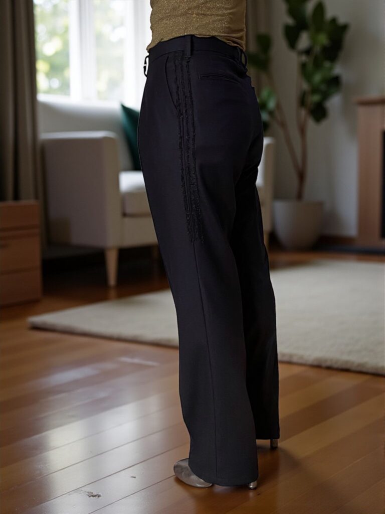 Side view of a woman wearing The Wool Embroidered Trousers by Meagratia. The detailed embroidery along the leg is the clear focus. She stands on a wooden floor in a room with a beige armchair, carpet, and plants.