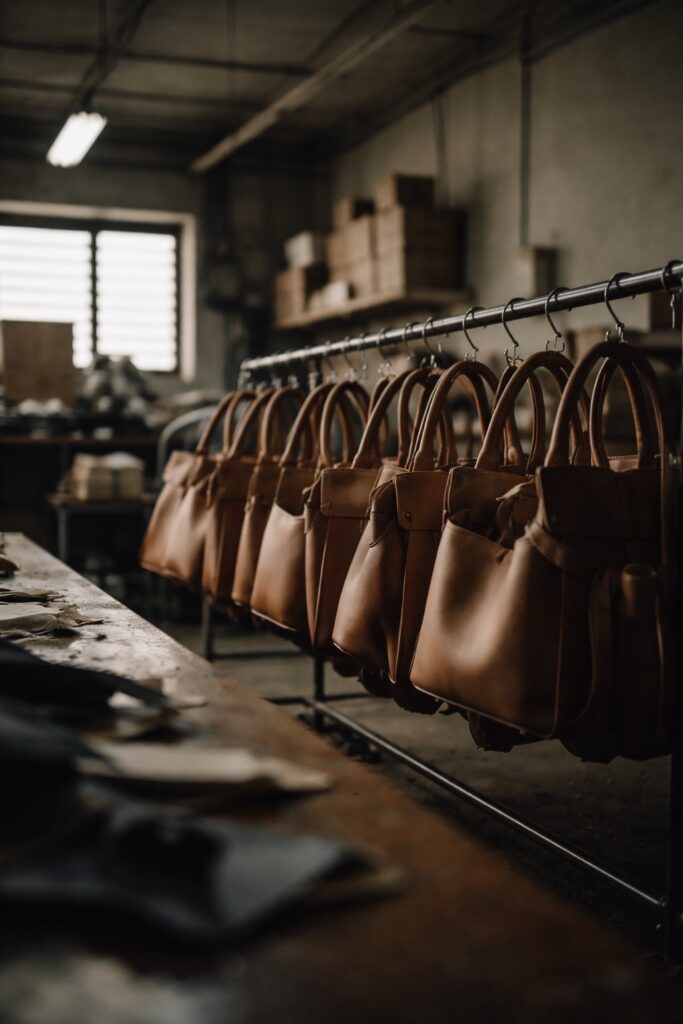 Unfinished leather handbags in a sparse workshop, representing the hidden production behind luxury brands seeking a legal shield.