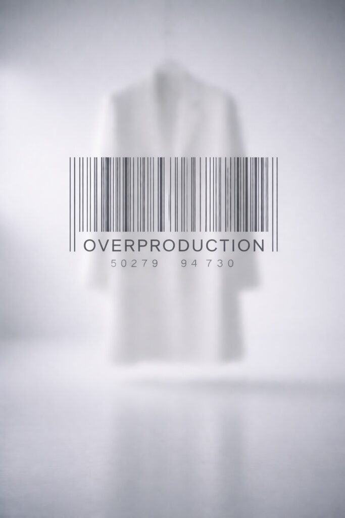 Abstract image of an unrecognisable garment blurred in the background, overlaid with a barcode reading “OVERPRODUCTION”, symbolising the luxury dilemma at the heart of the fashion system.