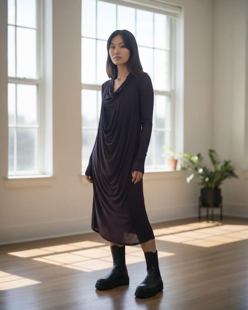 A moment of modern poetry. The model, with a quiet intensity, wears The Draped Neckline Dress by Marc Le Bihan. Its glove-like sleeves extend with precise intention, while the fluid hem meets a pair of substantial leather boots—an anchoring counterpoint to the dress's softness. Framed within an airy, light-filled space, the blurred forms of plants echo the organic drape. This is not an outfit, but an atmosphere.