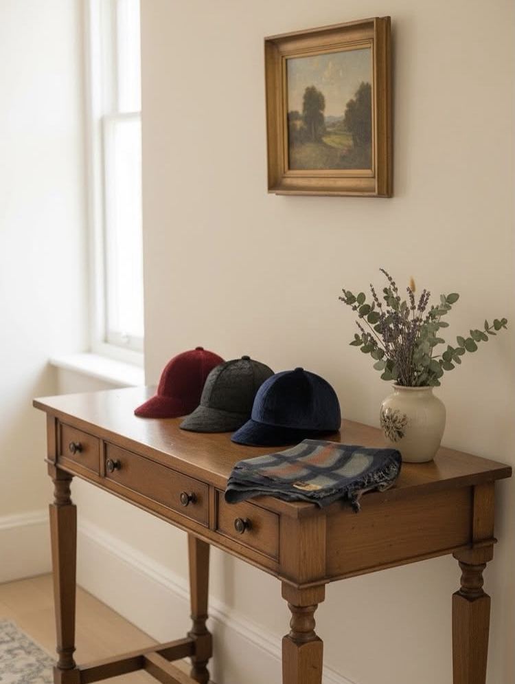The Velvet Baseball Cap by Exquisite J in bordeaux, teal and black, artfully arranged on a vintage wooden console with a plant and a folded tartan scarf. A painting with a golden frame and a window in the background.
