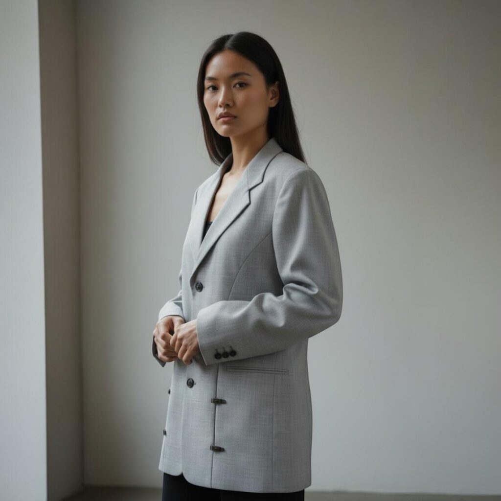 Close-up detail of a brunette model with long hair, wearing The Tropical Wool Jacket by Meagratia. The backdrop is a minimalist grey, drawing focus to the texture and tailoring of the jacket.