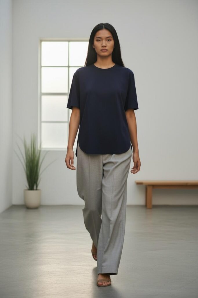 A long-haired model wears The Curve Hem Tee by Ujoh in mulberry colour, paired with grey tropical wool trousers and minimal sandals. The studio background shows a window with a plant in the corner, a wooden bench, and a greyish floor.