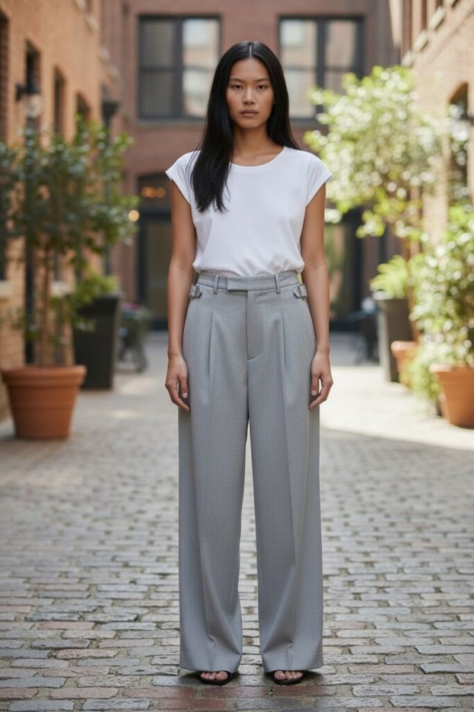 I Pantaloni in Lana Tropicale di Meagratia, indossati da una modella in piedi in un cortile interno con vasi di piante su entrambi i lati. I pantaloni presentano un taglio pulito e lineare con una vestibilità rilassata, abbinati semplicemente a una t-shirt bianca e sandali piatti per lasciare che siano la linea e il tessuto a farsi notare. Lo styling minimalista mette in risalto la struttura e la finitura dei pantaloni.