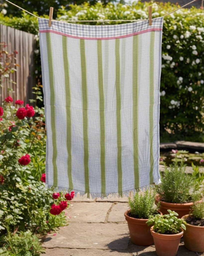 The Striped Bandana by Exquisite J pegged to a drying line — green watercolour stripes, fringed hems, and a garden of leaves and blooms behind.