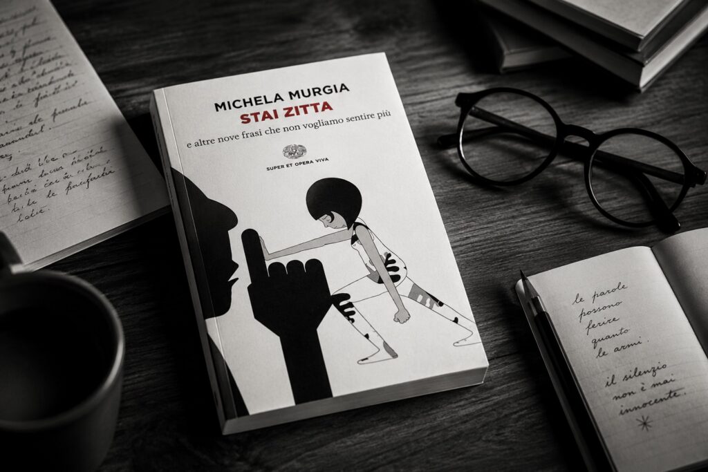 Black-and-white photograph of Michela Murgia's book Stai zitta on a writing desk with glasses, notebooks and a pencil. The image offers a reflection about feminism today.