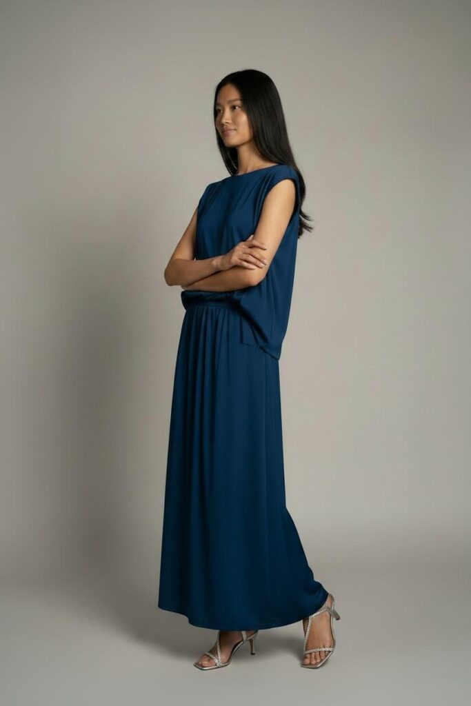 The Ottanio Set by suite123 — vintage fabric maxi skirt and blouse ensemble. Model in three-quarter studio pose on grey background.
