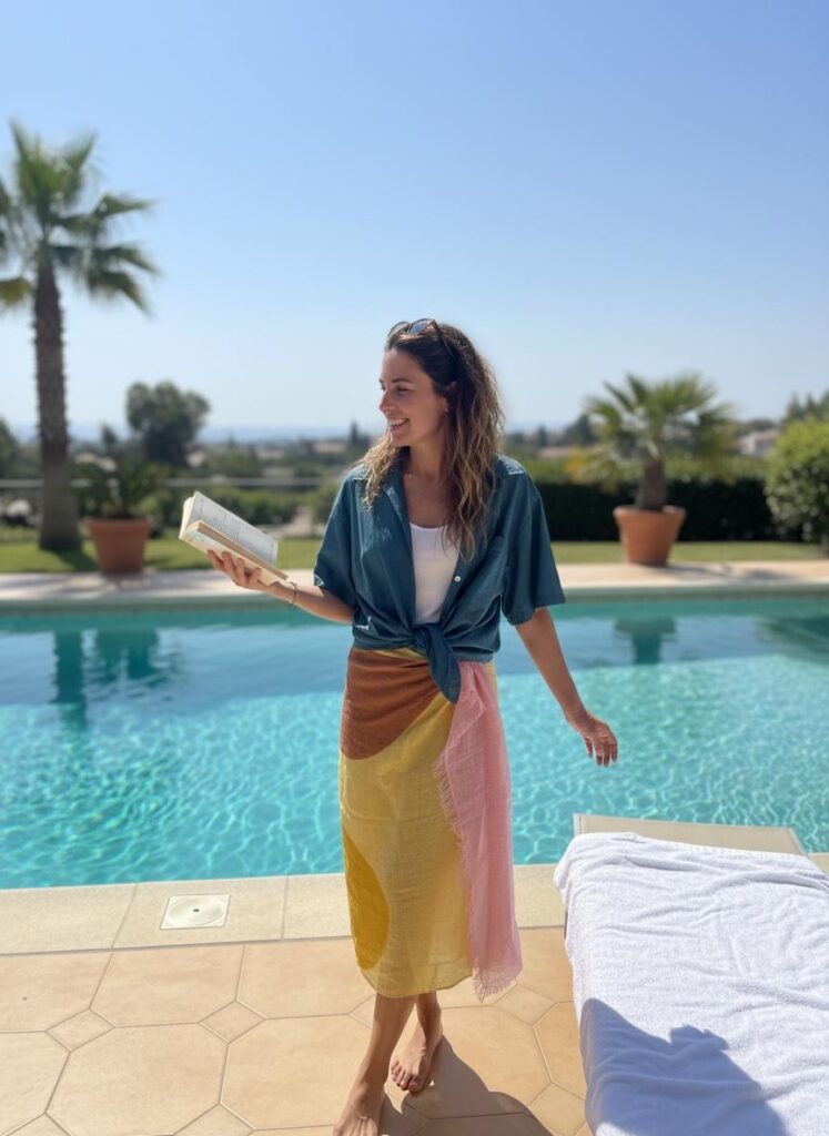 A woman wearing The Shaded Circles Scarf by Exquisite J as a pareo by the pool, paired with The Clay Dye shirt tied at the front, a book in hand — relaxed summer elegance.