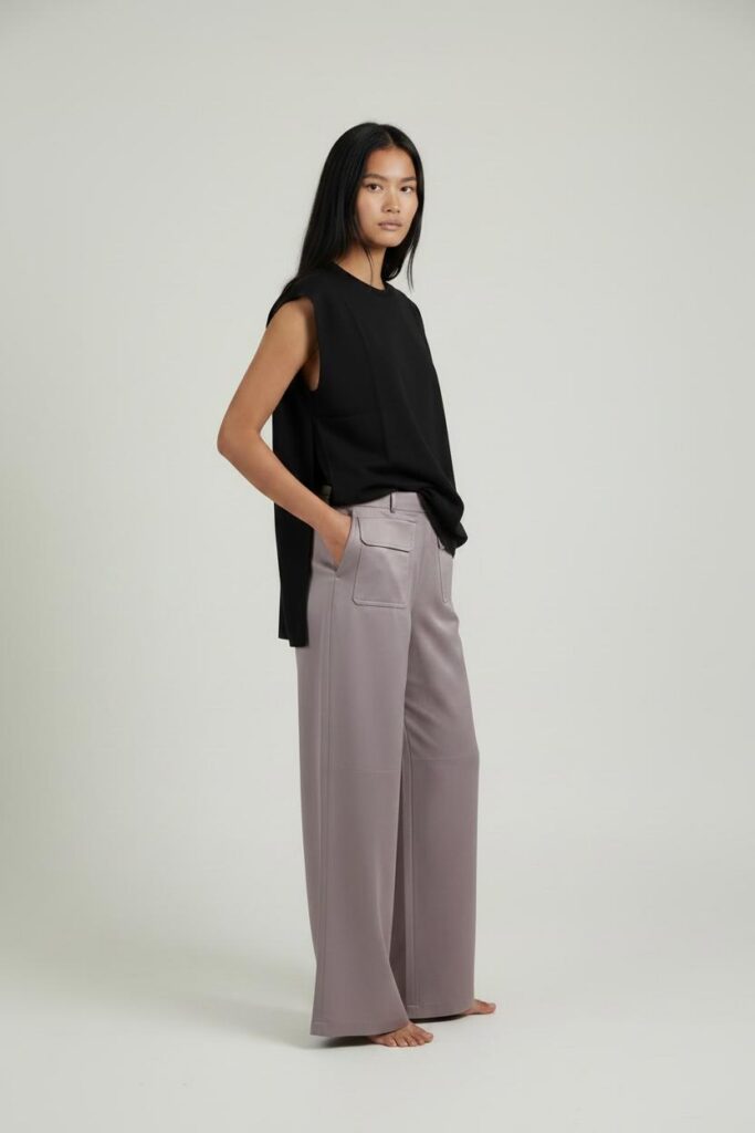 A model in a three-quarter pose, wears The Sleeveless Top by Ujoh in black, partially tucked at the front into Miaoran's fluid wide-leg trousers in lavender. The model stands barefoot against a neutral grey studio backdrop, with the minimalist outfit creating a soft contrast between structure and fluidity.