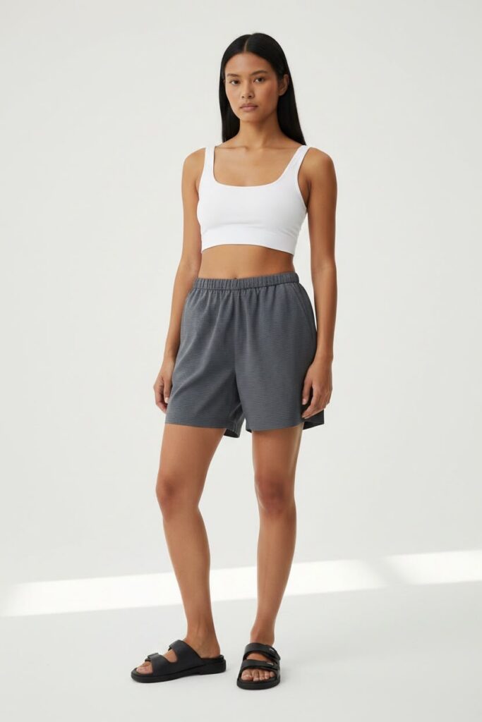 Model wearing The Utility Shorts by Goodneighbors Shirts with a white tank top and black leather sandals on a grey background.