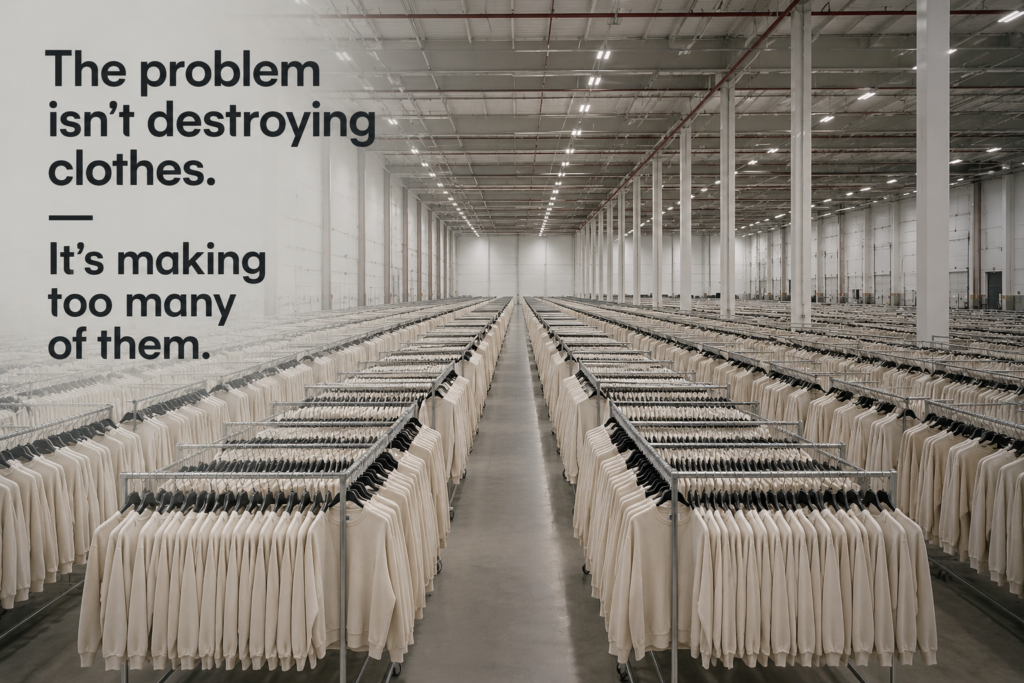 Warehouse filled with identical garments illustrating the problem of unsold stock destruction.