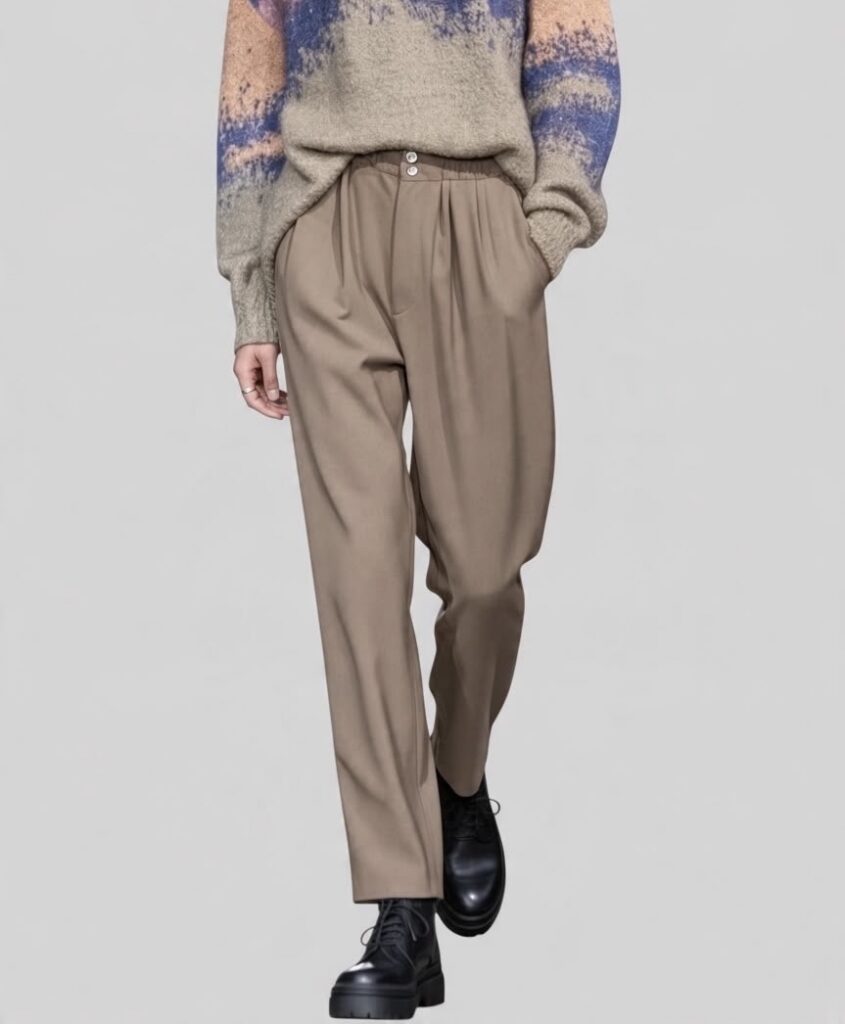 The Double Cross Four Tuck Trousers by Meagratia worn with black chunky leather boots — relaxed yet refined tailoring.